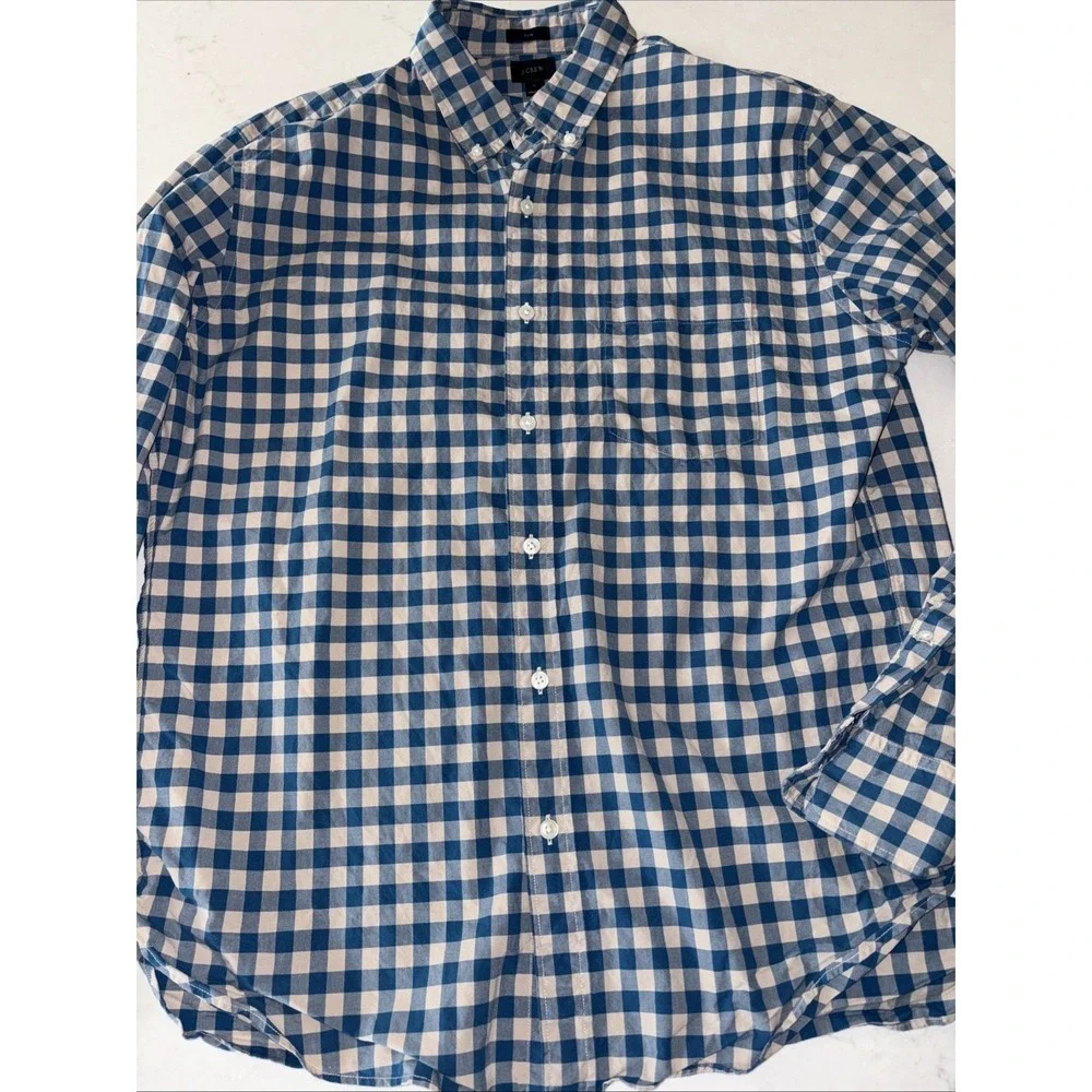 J Crew Slim Fit Blue Tan‎ Gingham Plaid Button-Down Shirt L 100% Cotton Men's